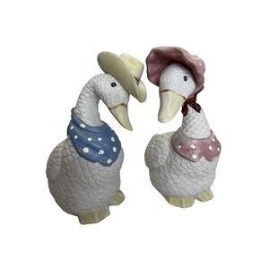 Set of 2 Vintage Artmart White Geese Figures Blue Pink Taiwan 90s Country